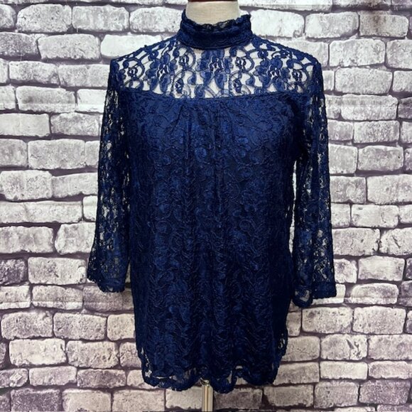 Eve & Maddie Navy Lace Blouse Size M - Picture 1 of 7